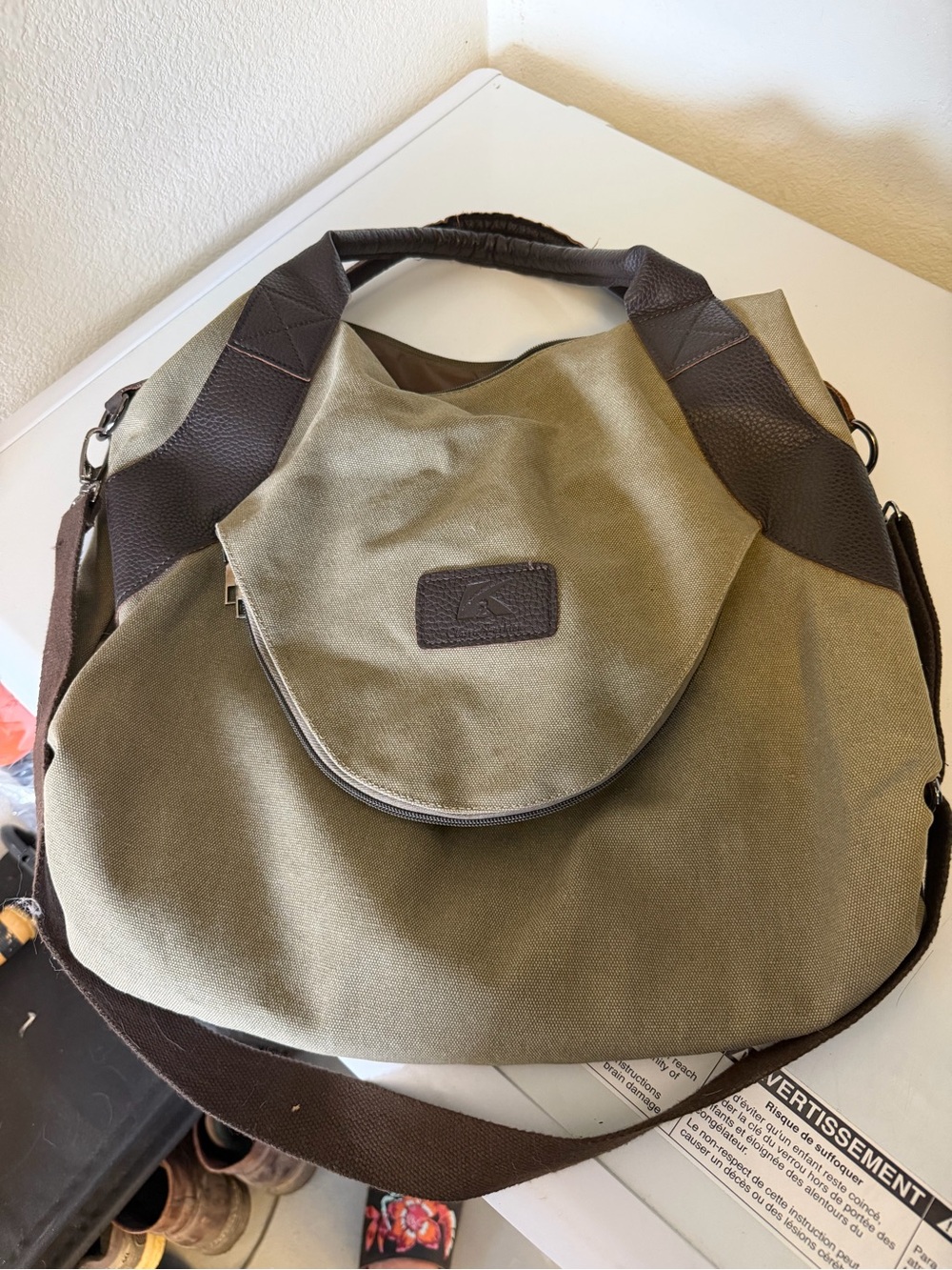 Unbranded Olive Green Canvas and Brown Leather Trim Shoulder Bag